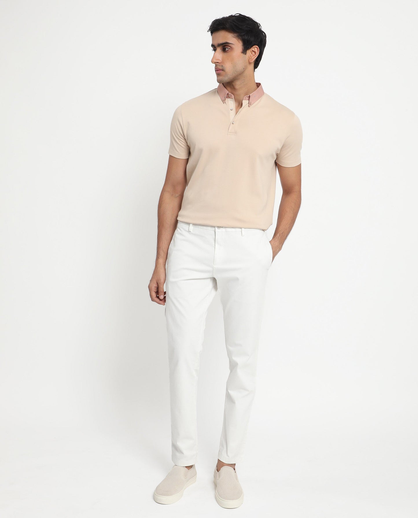 Rare Rabbit Men's Ringer-1 Beige Cotton Fabric Printed Collar Neck Half Sleeves Polo T-Shirt