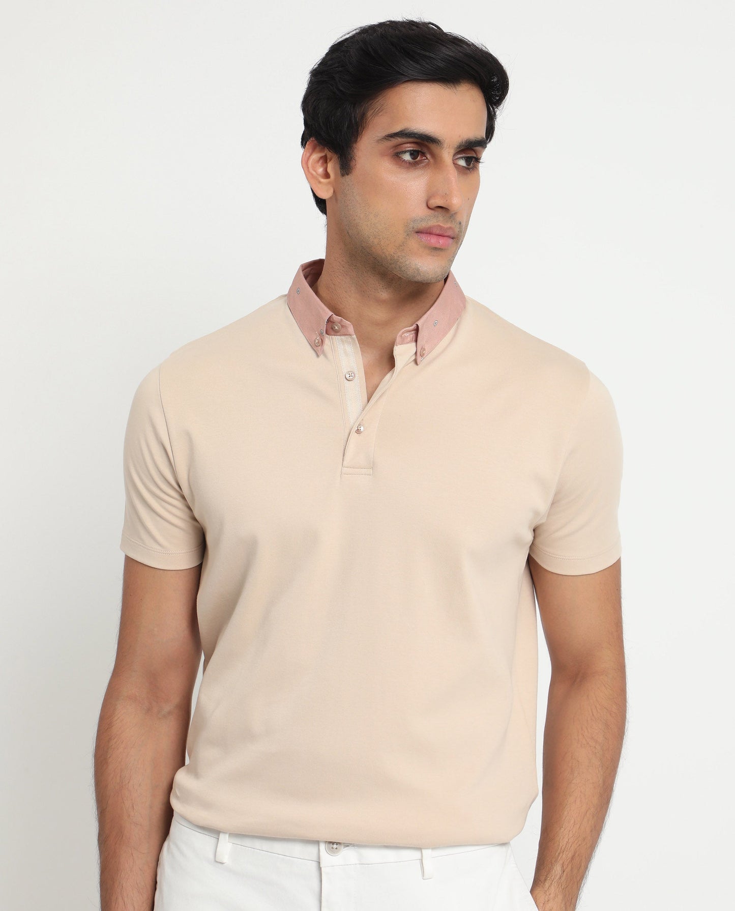 Rare Rabbit Men's Ringer-1 Beige Cotton Fabric Printed Collar Neck Half Sleeves Polo T-Shirt