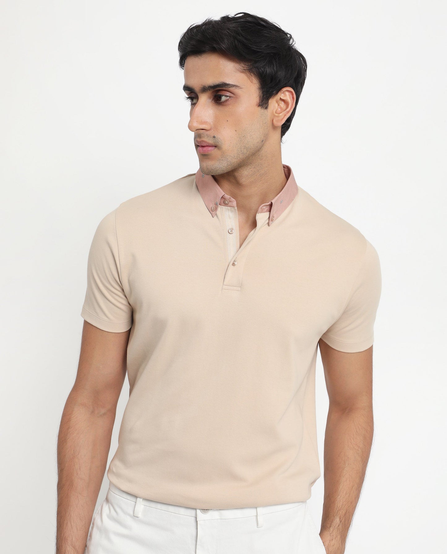 Rare Rabbit Men's Ringer-1 Beige Cotton Fabric Printed Collar Neck Half Sleeves Polo T-Shirt