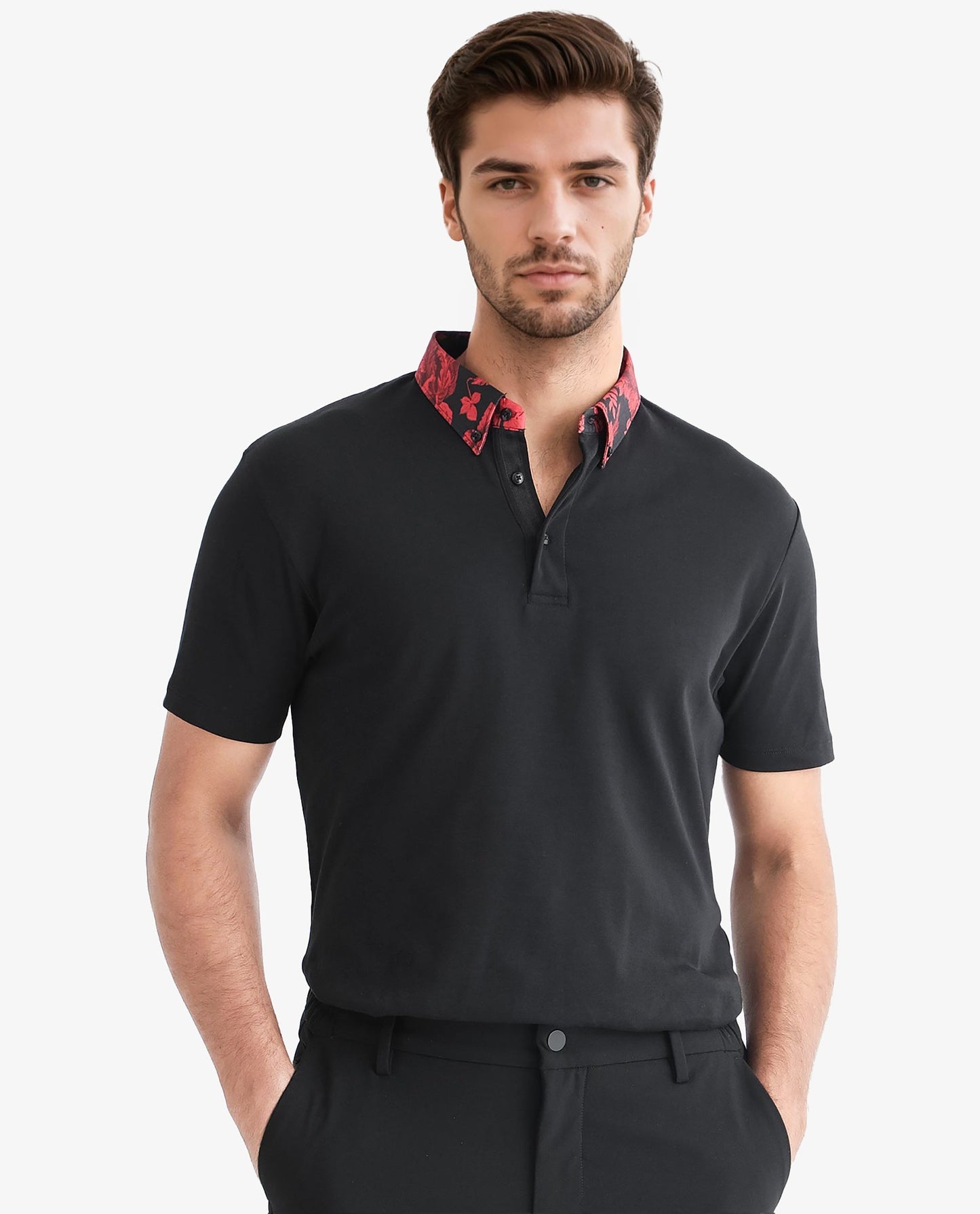 Rare Rabbit Men's Ringer-1 Black Cotton Fabric Printed Collar Neck Half Sleeves Polo T-Shirt