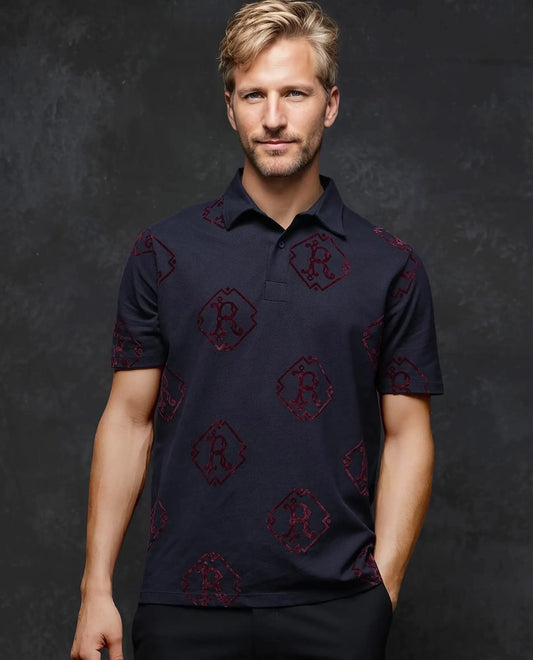 Rare Rabbit Men Roson Navy Short Sleeve Collared Neck Button Closure Plain Polo