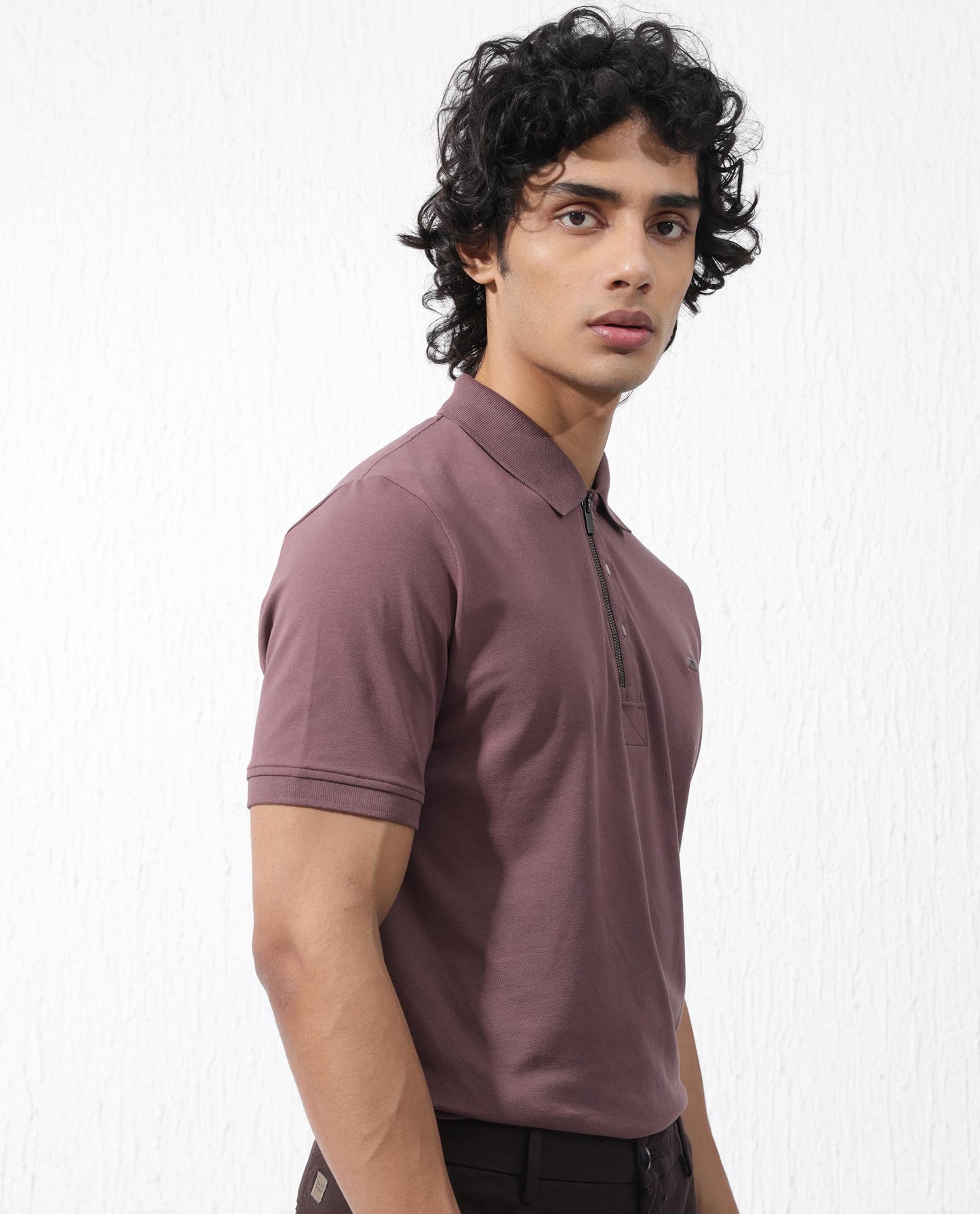 Rare Rabbit Mens Salis-2 Maroon Cotton Fabric Collared Neck Zipper And Snap Button Closure Half Sleeves Polo T-Shirt