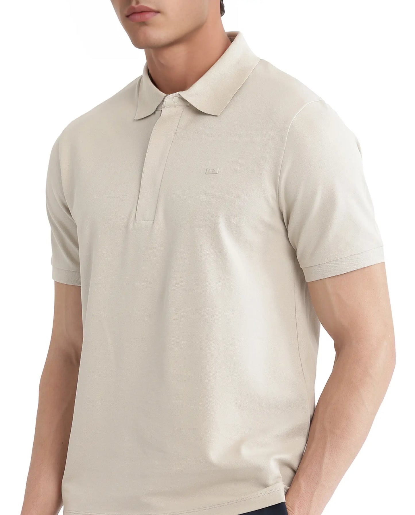Rare Rabbit Men Salis-25 Beige Cotton Blend Fabric Short Sleeve Collared Neck Zipper/Snap Closure Plain Polo