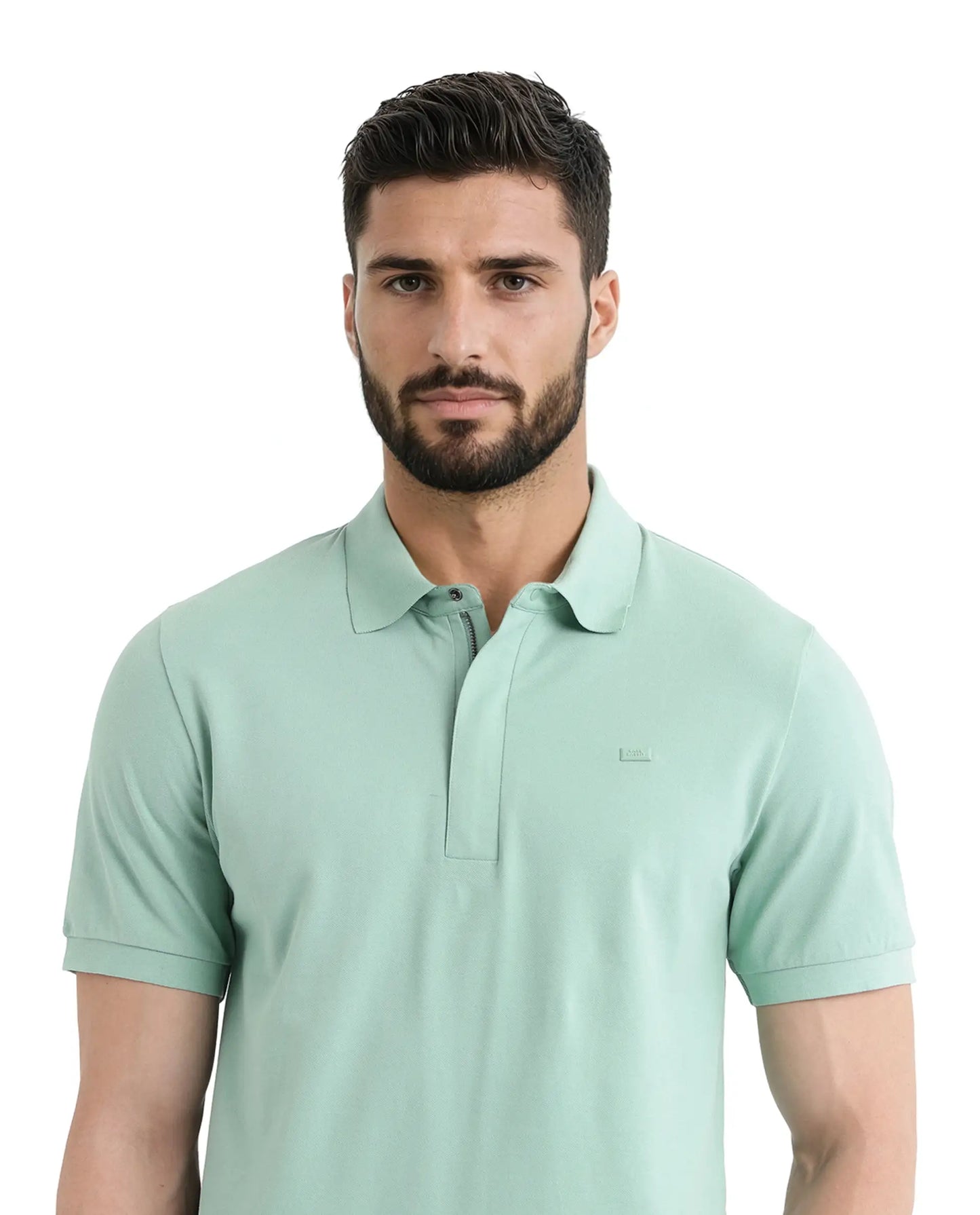 Rare Rabbit Men Salis-25 Green Cotton Blend Fabric Short Sleeve Collared Neck Zipper/Snap Closure Plain Polo