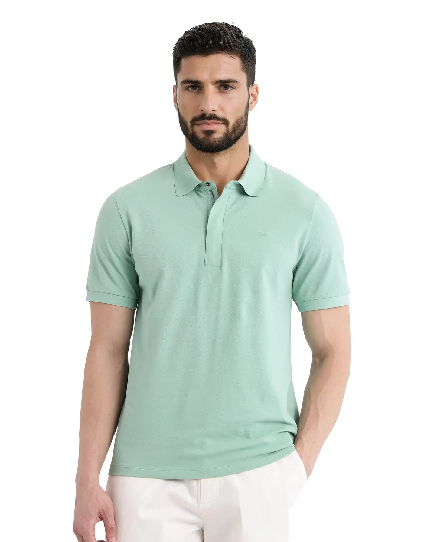 Rare Rabbit Men Salis-25 Green Cotton Blend Fabric Short Sleeve Collared Neck Zipper/Snap Closure Plain Polo
