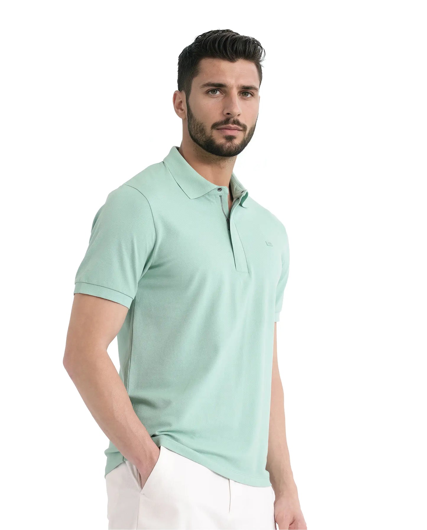Rare Rabbit Men Salis-25 Green Cotton Blend Fabric Short Sleeve Collared Neck Zipper/Snap Closure Plain Polo