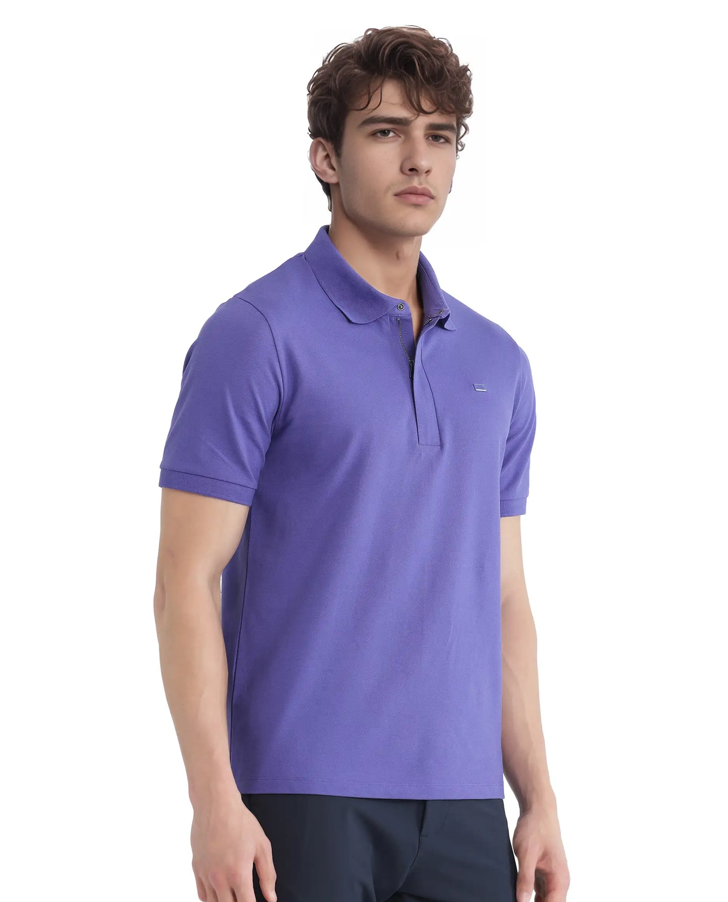 Rare Rabbit Men Salis-25 Purple Cotton Blend Fabric Short Sleeve Collared Neck Zipper/Snap Closure Plain Polo