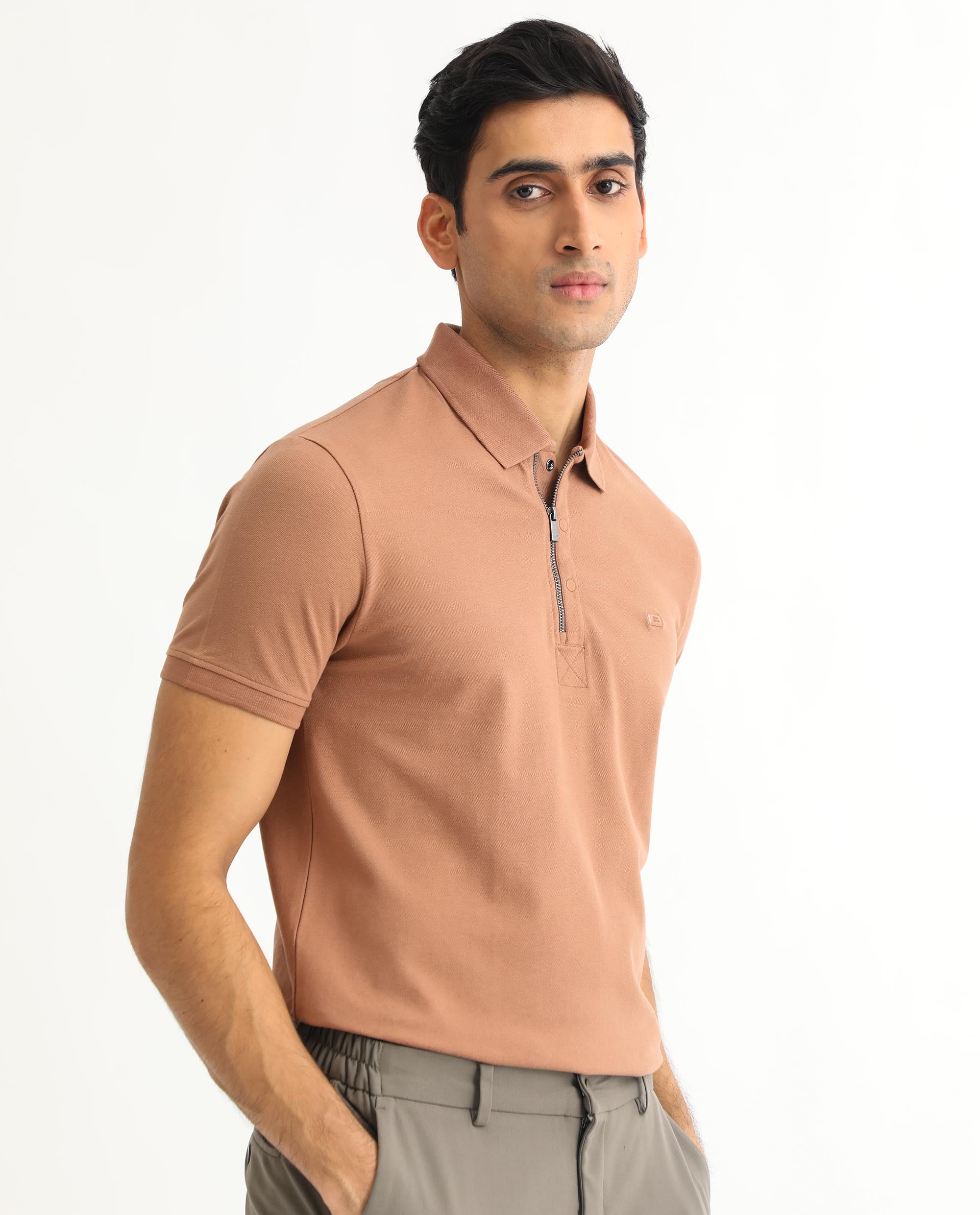 Rare Rabbit Men's Saliso Light Brown Cotton Fabric Collared Neck Zipper and Snap Button Closure Half Sleeve Polo T-Shirt