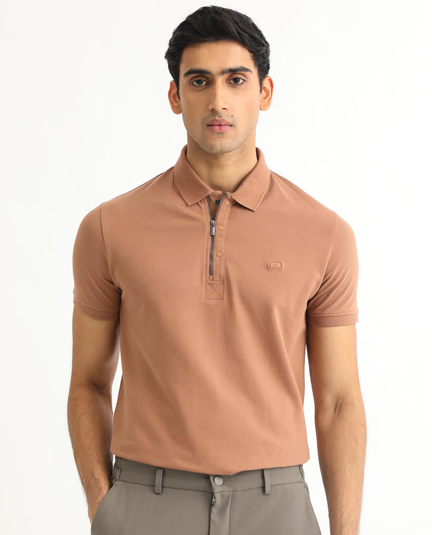 Rare Rabbit Men's Saliso Light Brown Cotton Fabric Collared Neck Zipper and Snap Button Closure Half Sleeve Polo T-Shirt