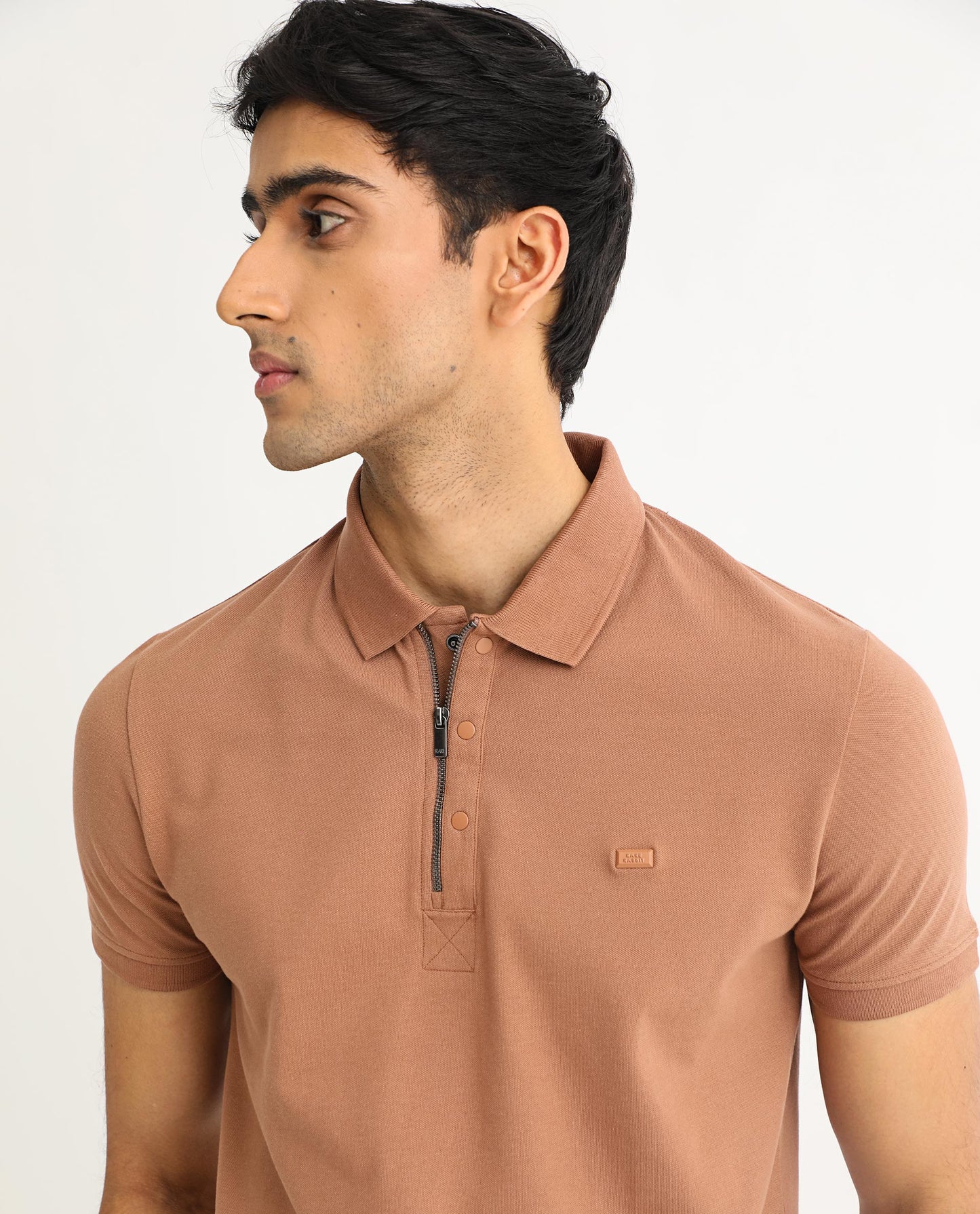 Rare Rabbit Men's Saliso Light Brown Cotton Fabric Collared Neck Zipper and Snap Button Closure Half Sleeve Polo T-Shirt