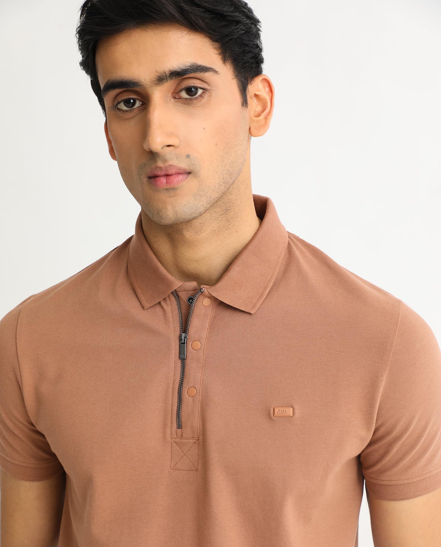 Rare Rabbit Men's Saliso Light Brown Cotton Fabric Collared Neck Zipper and Snap Button Closure Half Sleeve Polo T-Shirt
