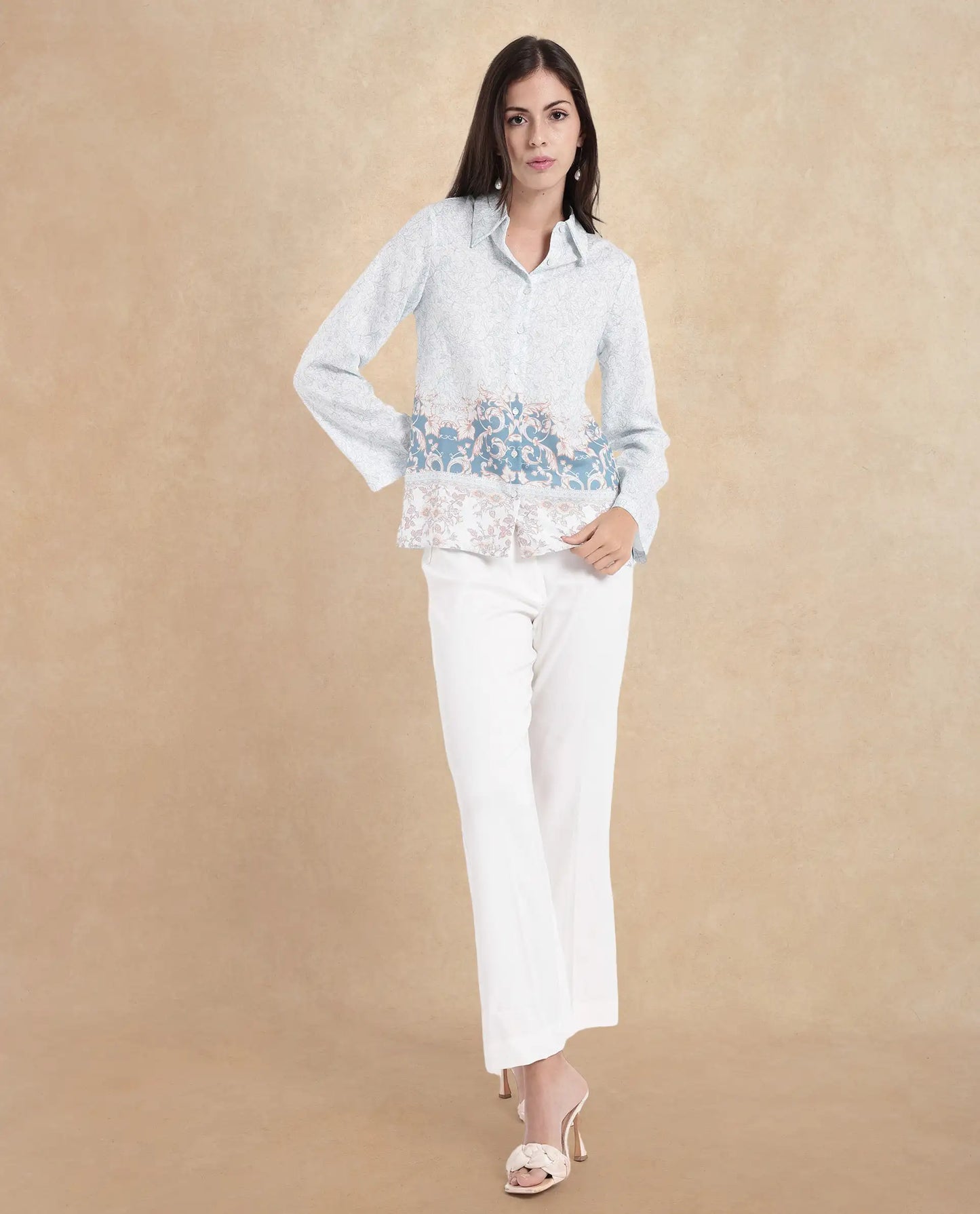 Rareism Women Sesent Light Multi Cuffed Sleeve Collared Neck Abstract Print Top