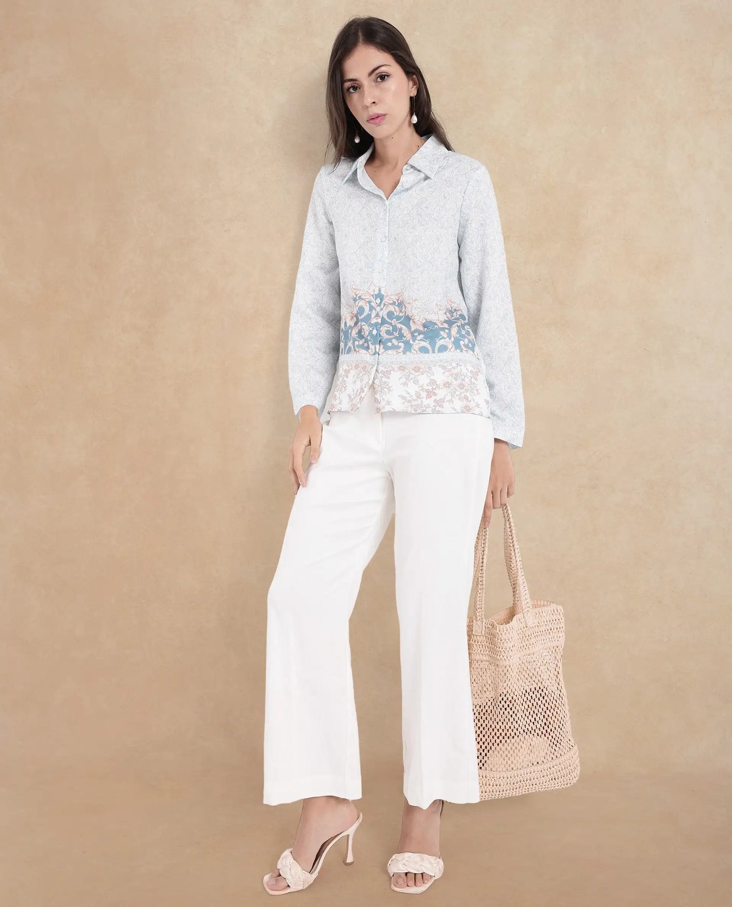 Rareism Women Sesent Light Multi Cuffed Sleeve Collared Neck Abstract Print Top
