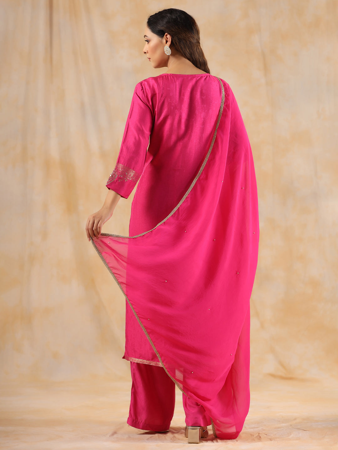 Zardozi Embroidered Silk Hot Pink Straight Kurta With Palazzo And Dupatta