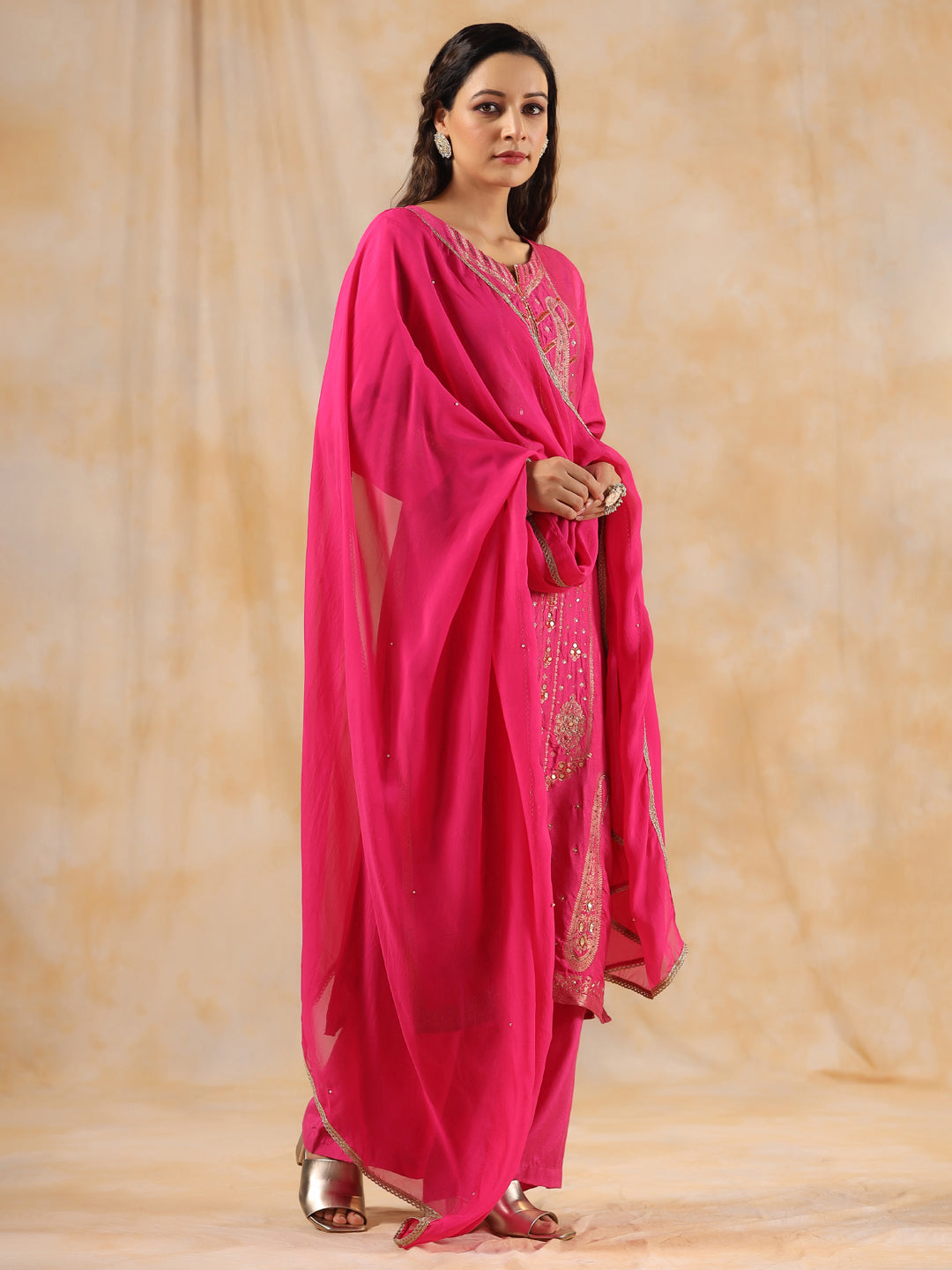 Zardozi Embroidered Silk Hot Pink Straight Kurta With Palazzo And Dupatta