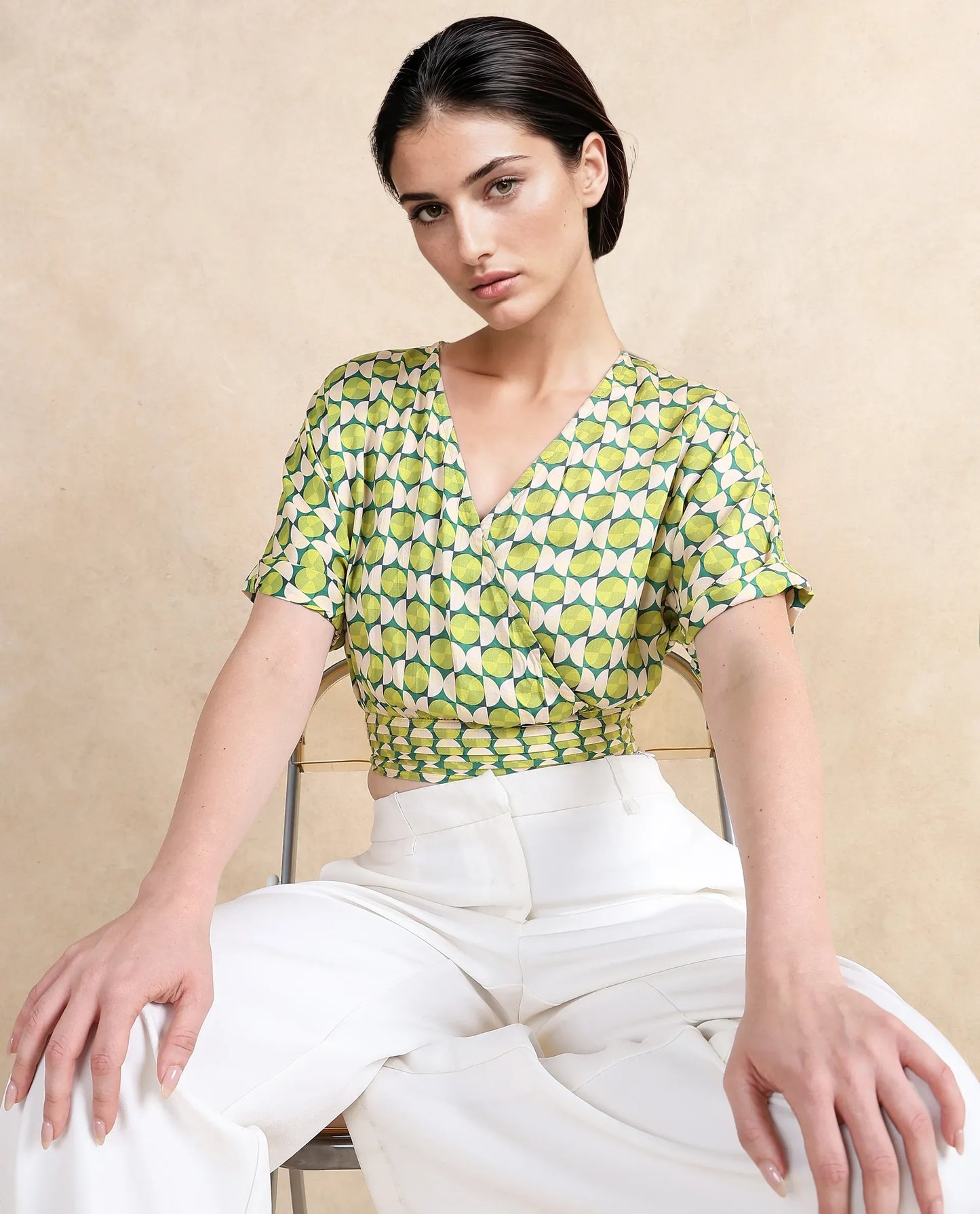 Rareism Women Stabia Green Extended Sleeves Over Lap Neck Cropped Geometric Print Top