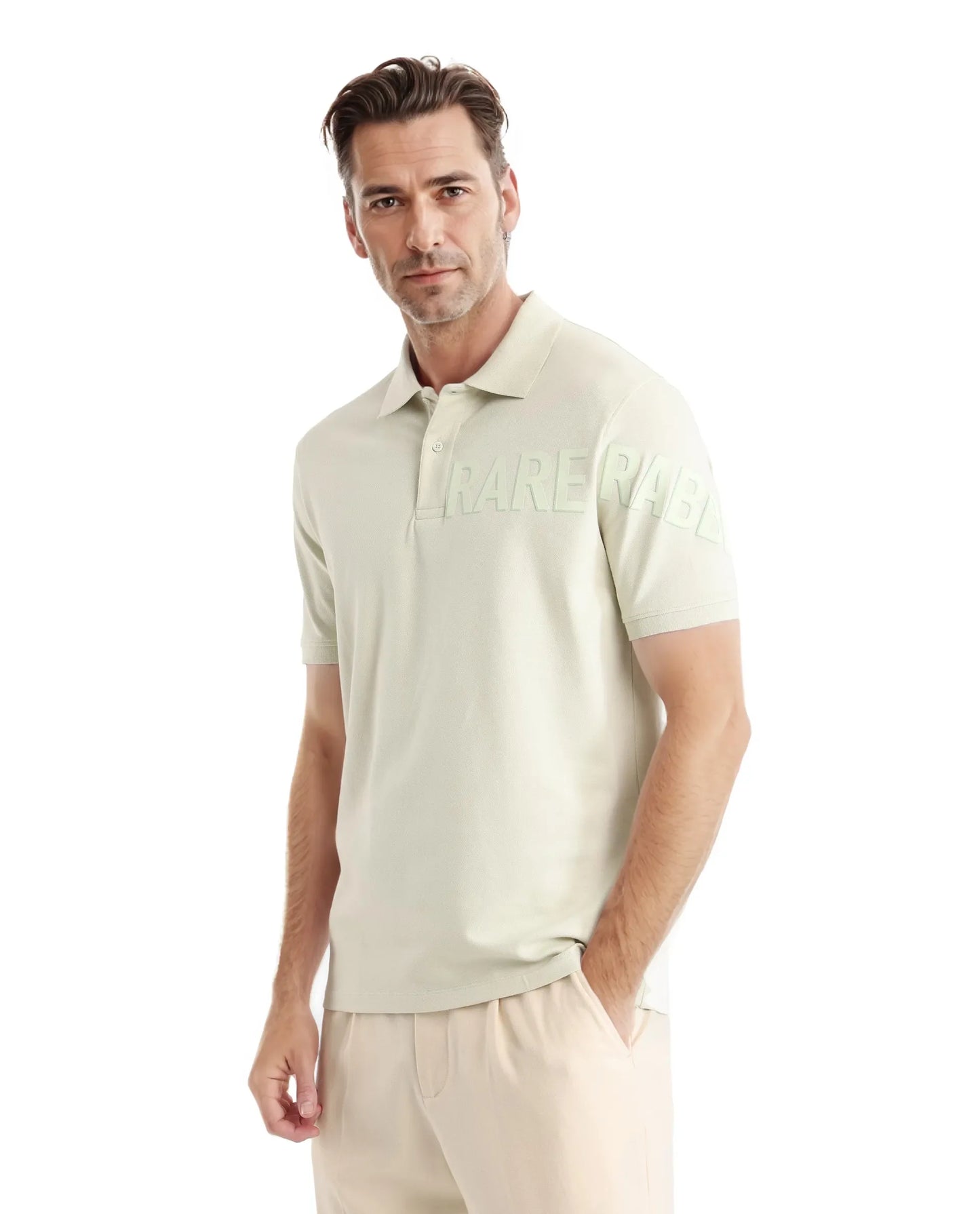 Rare Rabbit Men Taro Dusky Green Cotton Blend Short Sleeve Regular Fit Regular Collared Plain Polo