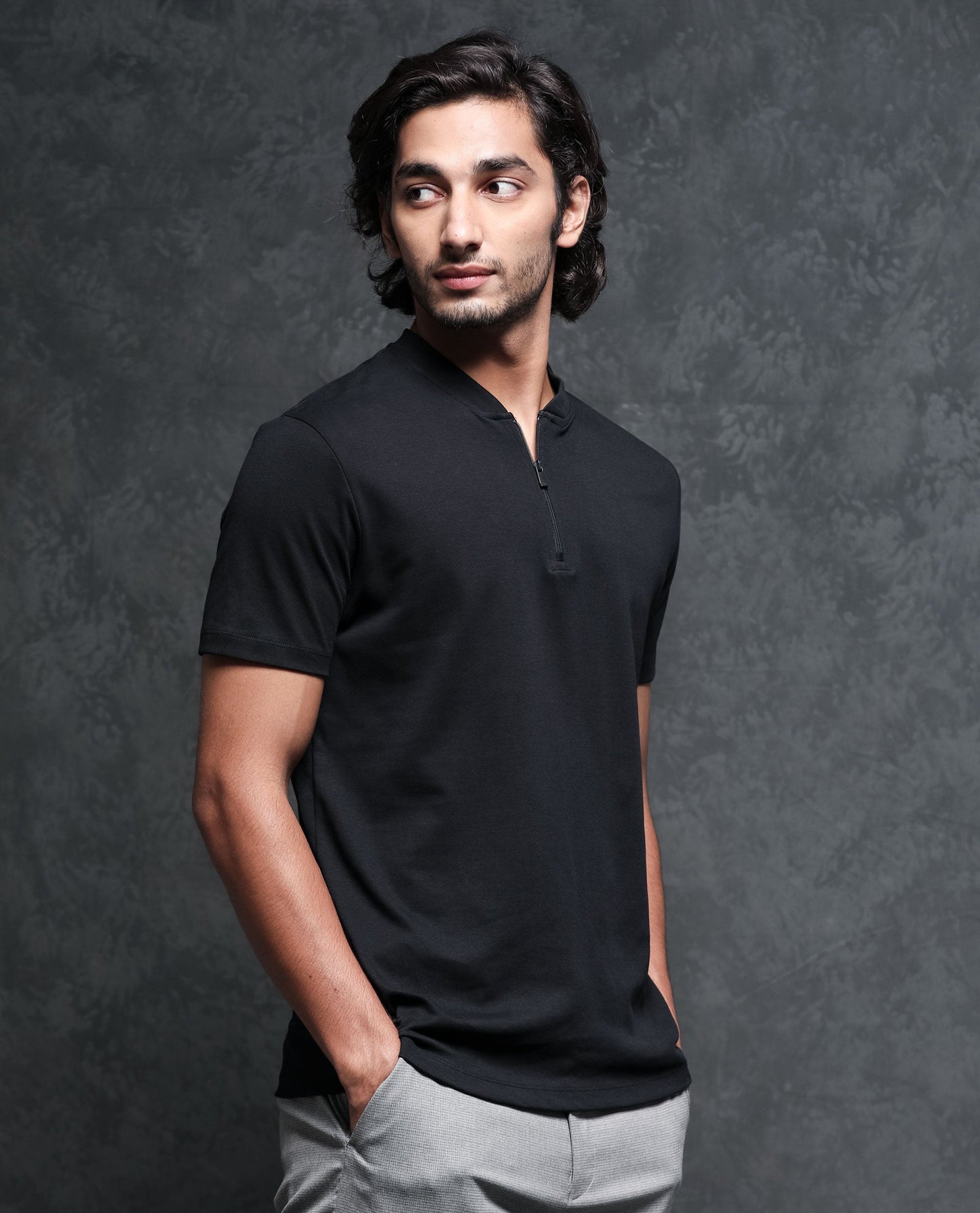 Rare Rabbit Men's Temp Black Cotton Fabric Baseball Stand Collared Neck Zipper Closure Half Sleeves Polo T-Shirt