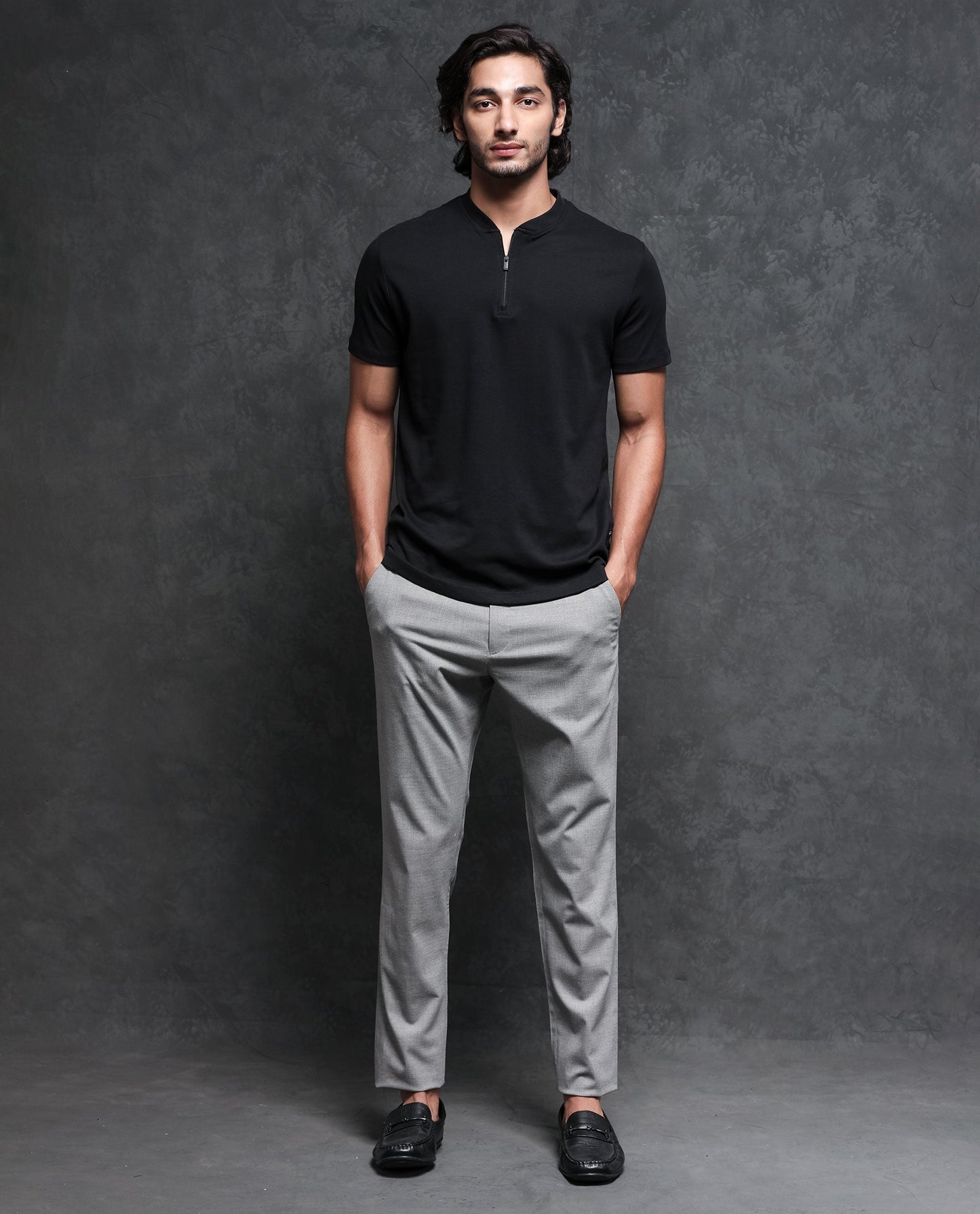 Rare Rabbit Men's Temp Black Cotton Fabric Baseball Stand Collared Neck Zipper Closure Half Sleeves Polo T-Shirt