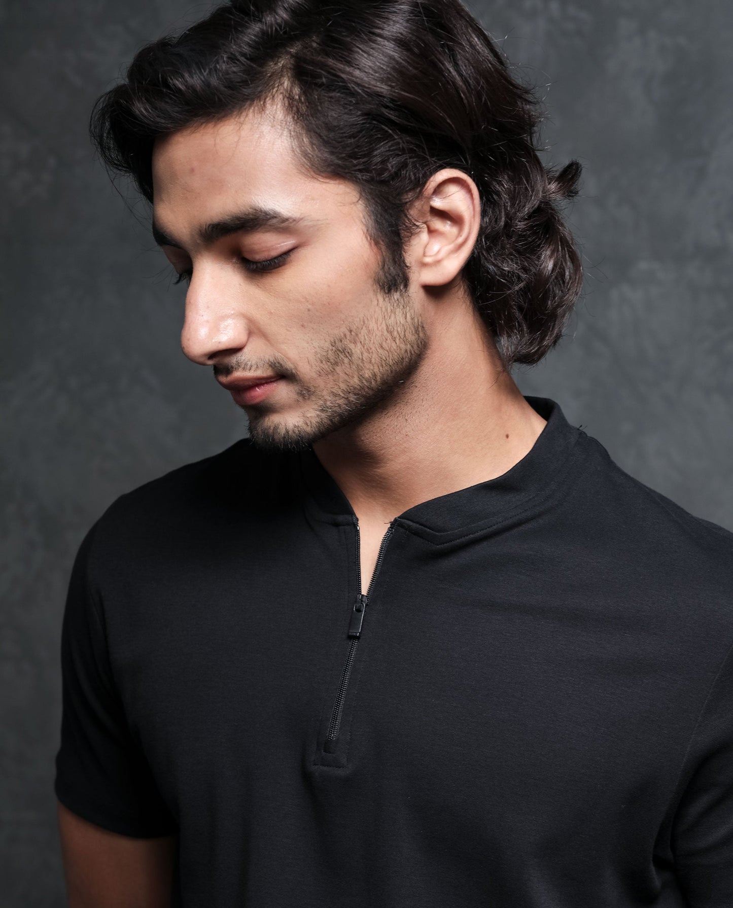 Rare Rabbit Men's Temp Black Cotton Fabric Baseball Stand Collared Neck Zipper Closure Half Sleeves Polo T-Shirt