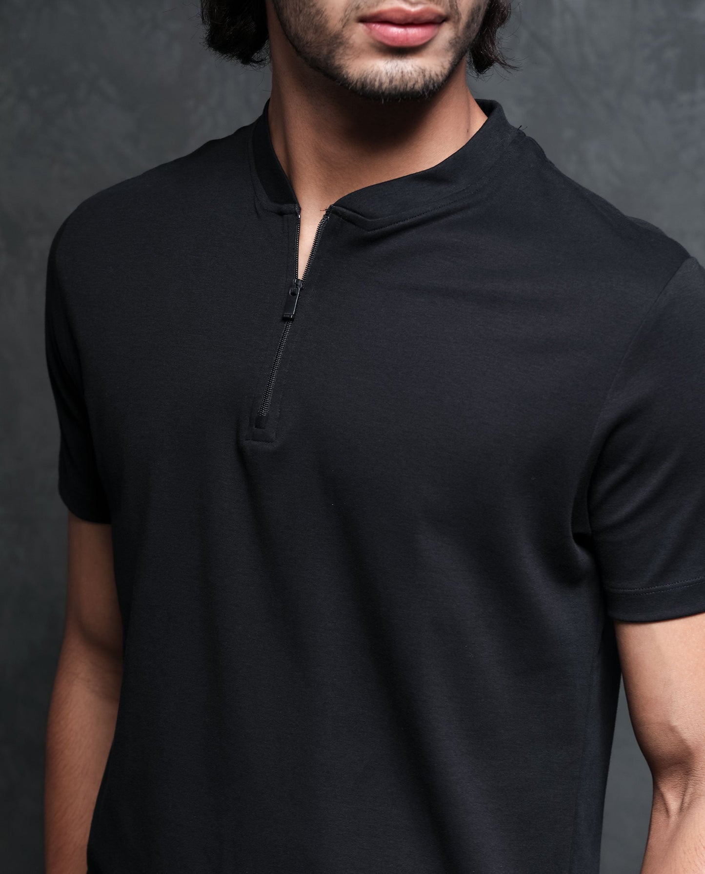 Rare Rabbit Men's Temp Black Cotton Fabric Baseball Stand Collared Neck Zipper Closure Half Sleeves Polo T-Shirt
