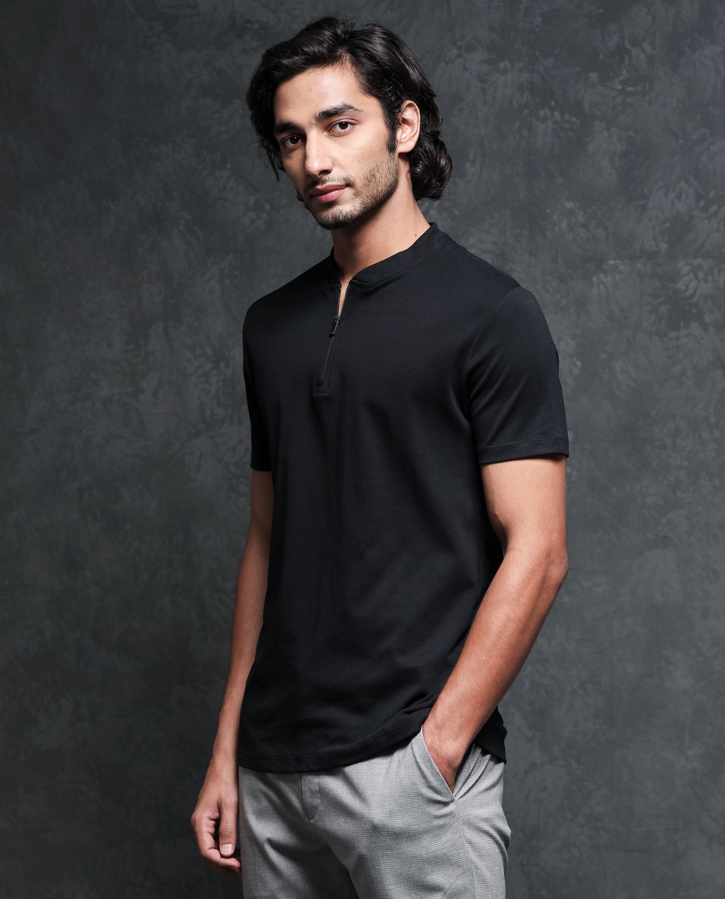 Rare Rabbit Men's Temp Black Cotton Fabric Baseball Stand Collared Neck Zipper Closure Half Sleeves Polo T-Shirt