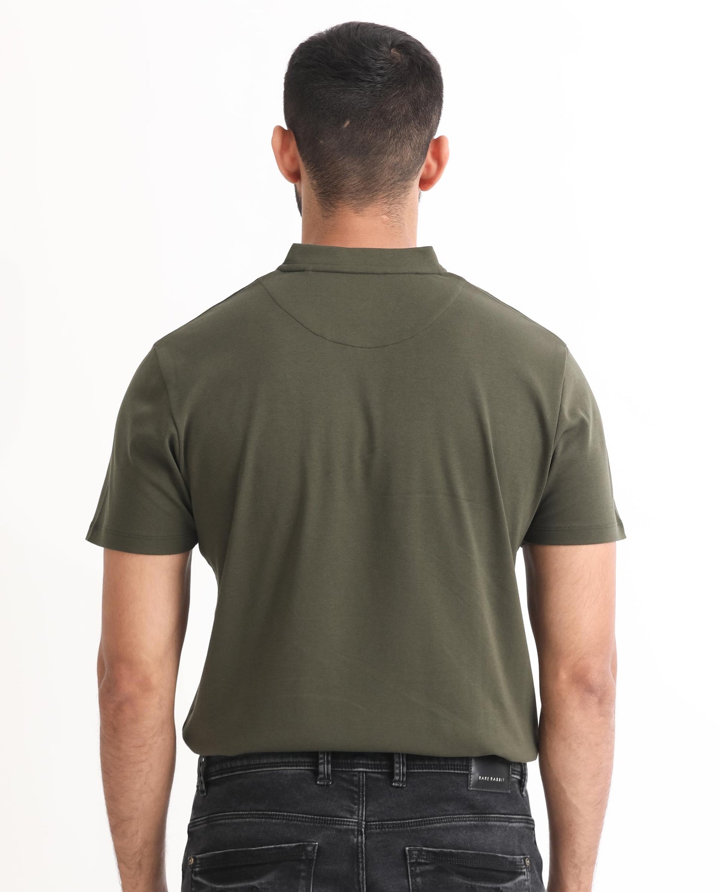 Rare Rabbit Men's Temper Olive Cotton Fabric Baseball Stand Collared Neck Zipper Closure Half Sleeves Polo T-Shirt