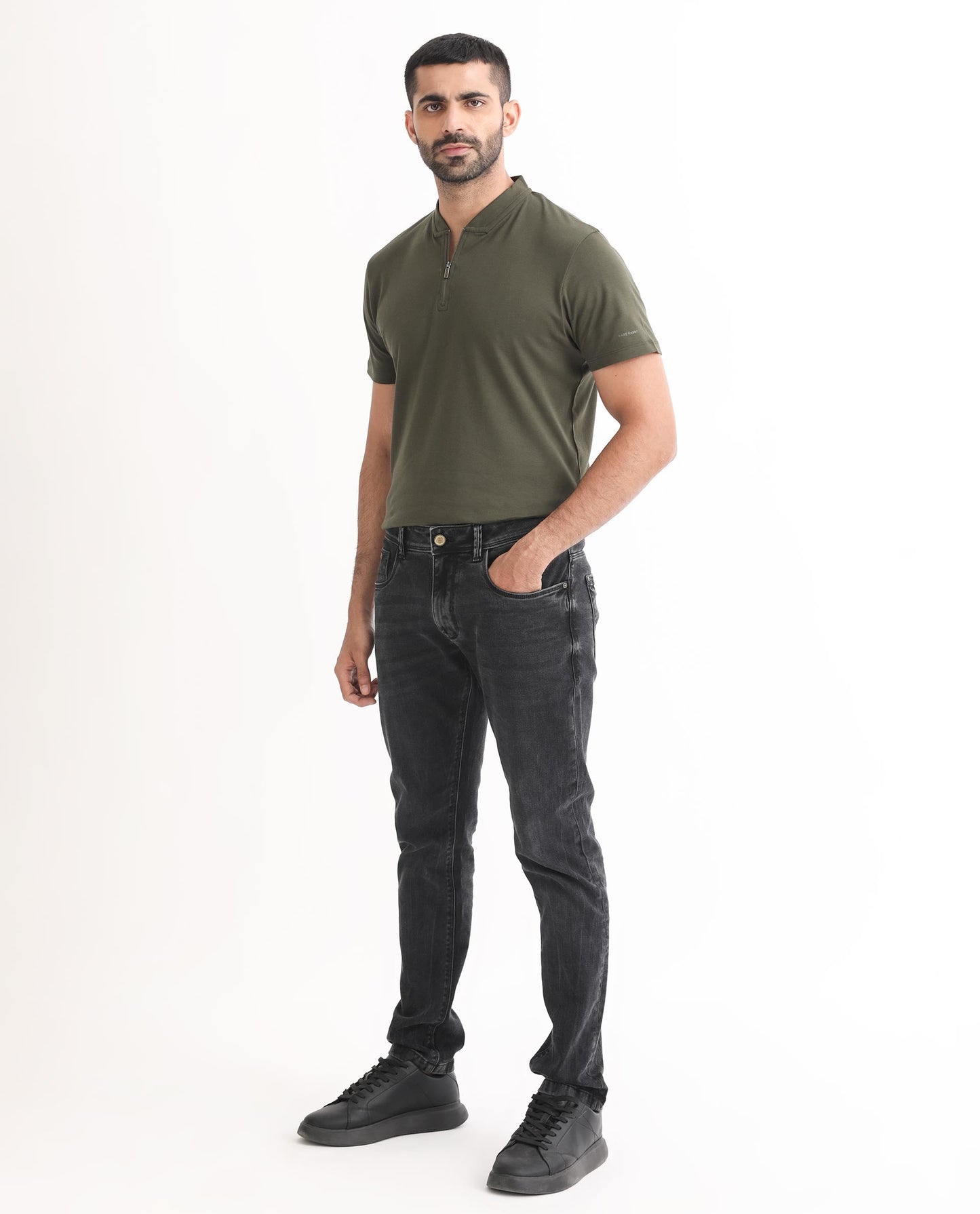 Rare Rabbit Men's Temper Olive Cotton Fabric Baseball Stand Collared Neck Zipper Closure Half Sleeves Polo T-Shirt