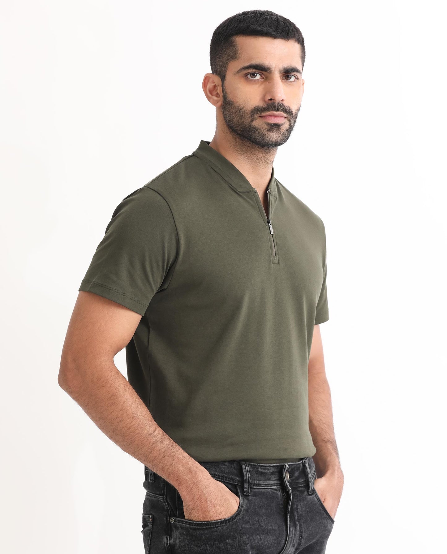 Rare Rabbit Men's Temper Olive Cotton Fabric Baseball Stand Collared Neck Zipper Closure Half Sleeves Polo T-Shirt
