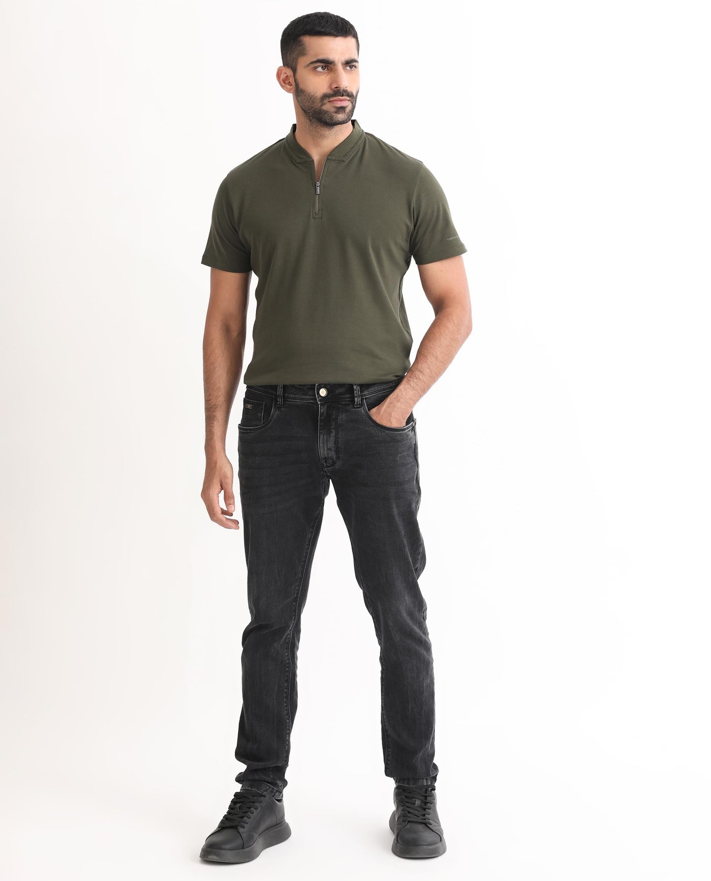 Rare Rabbit Men's Temper Olive Cotton Fabric Baseball Stand Collared Neck Zipper Closure Half Sleeves Polo T-Shirt