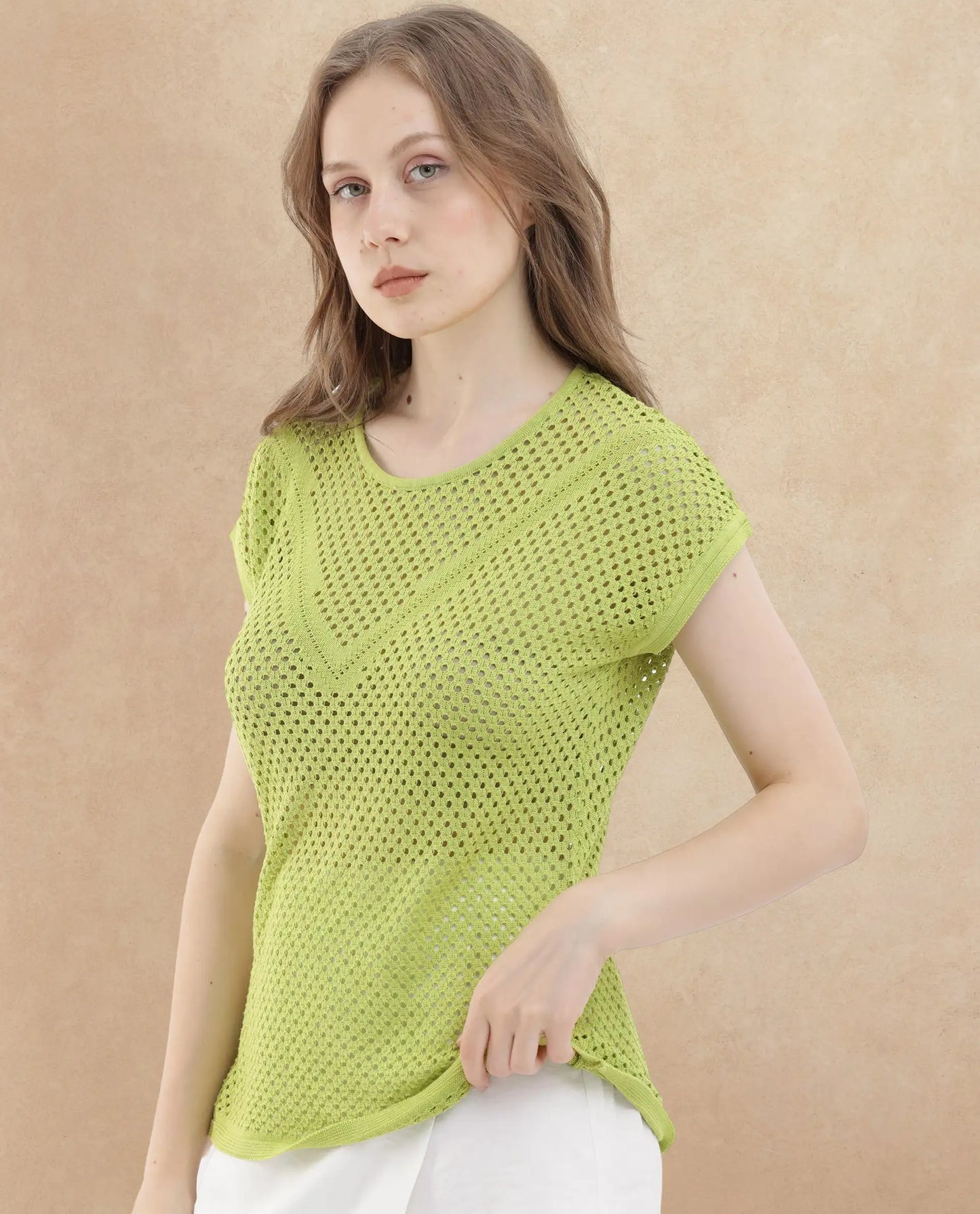 Rareism Womens Totoro Flouroscent Green Top U-Neck Solid