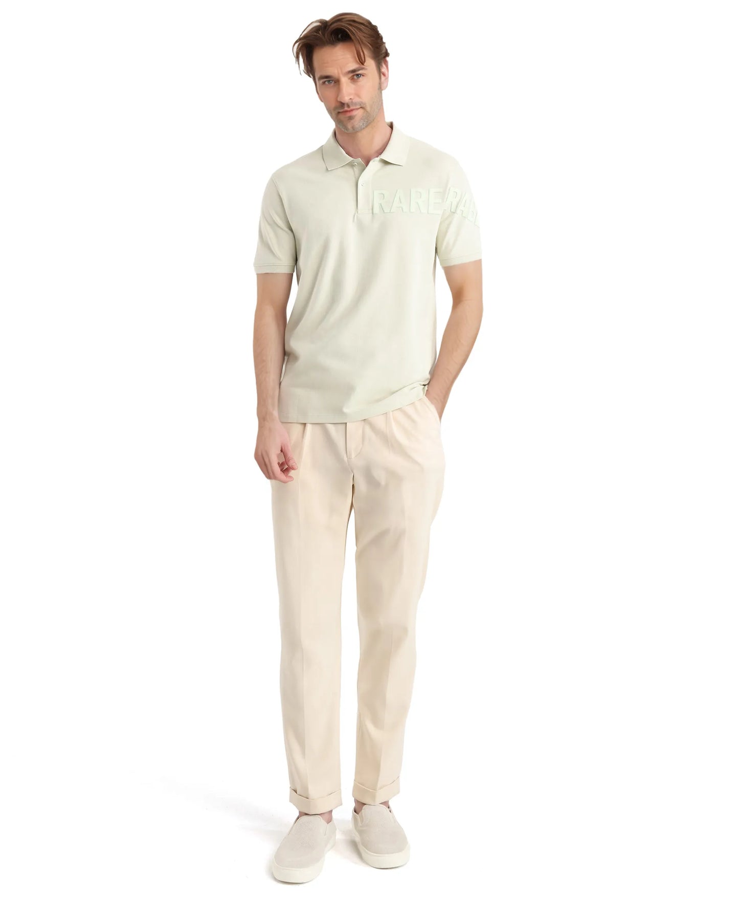 Rare Rabbit Men Taro Dusky Green Cotton Blend Short Sleeve Regular Fit Regular Collared Plain Polo