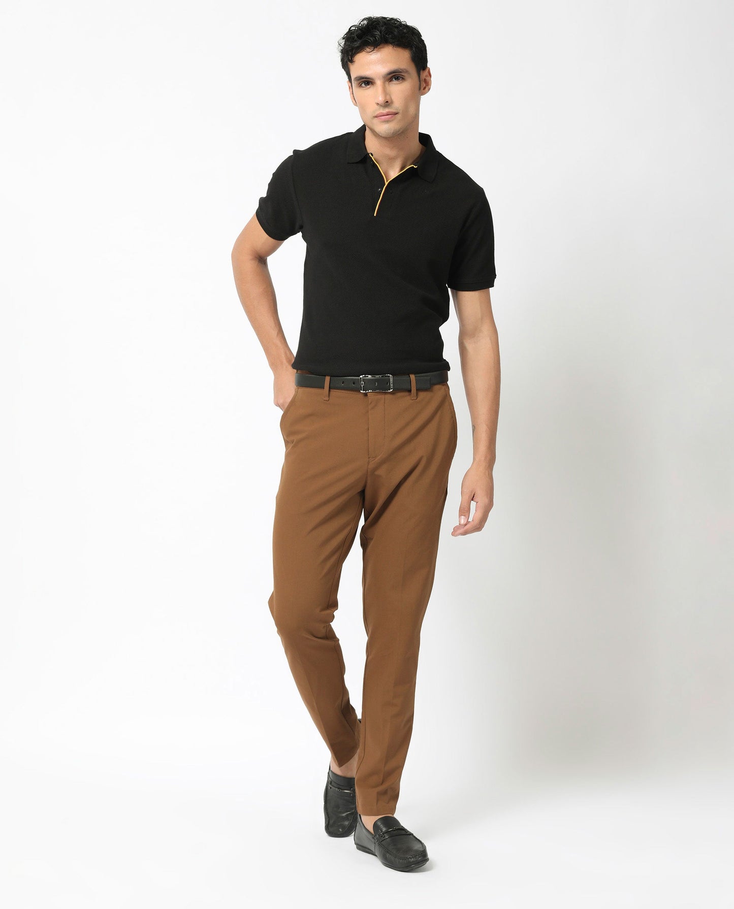Rare Rabbit Men's Turino Black Cotton Fabric Collared Neck Half Sleeves Textured Polo T-Shirt