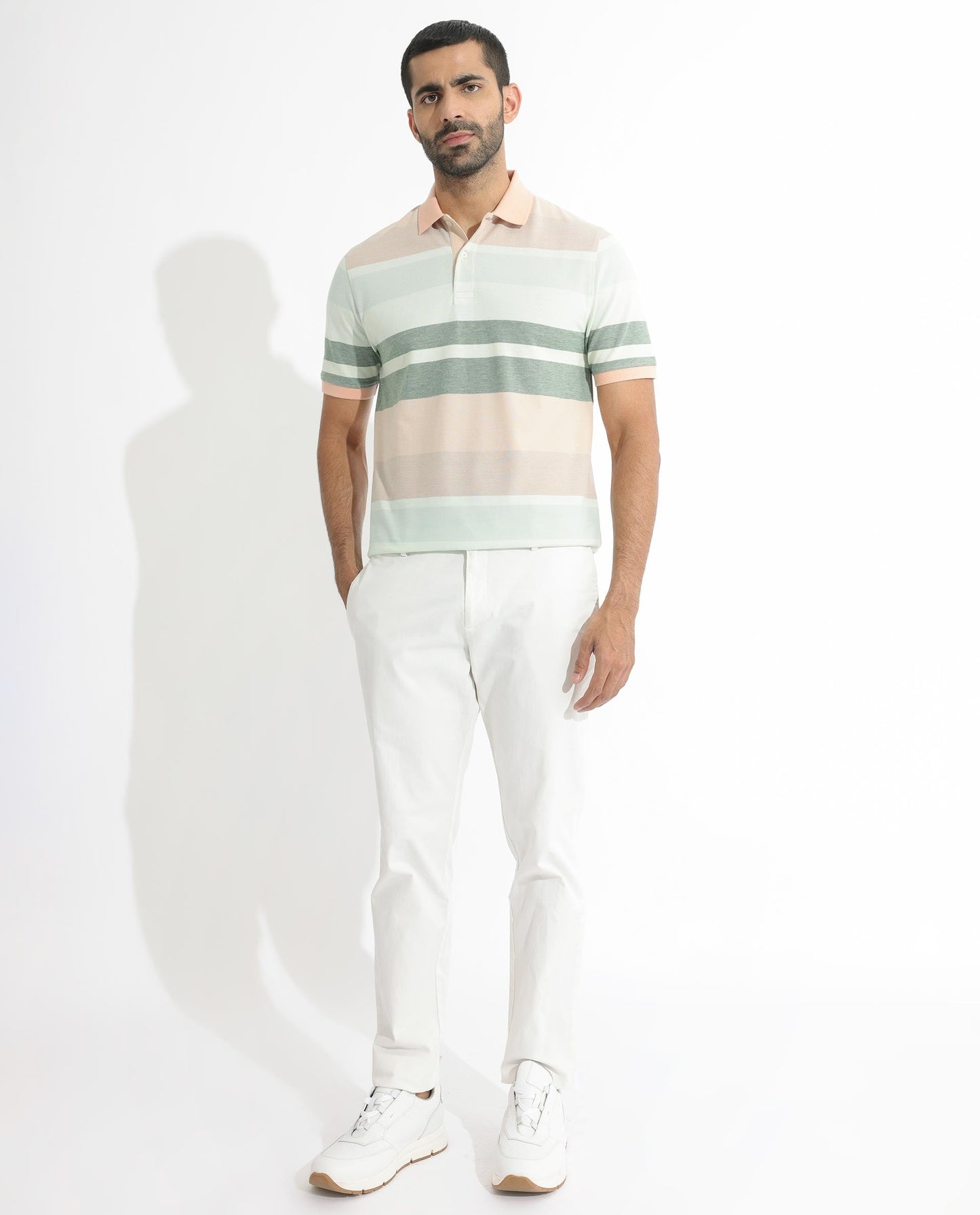 Rare Rabbit Men's Trenz Green Cotton Fabric Collared Neck Half Sleeves Striped Polo T-Shirt