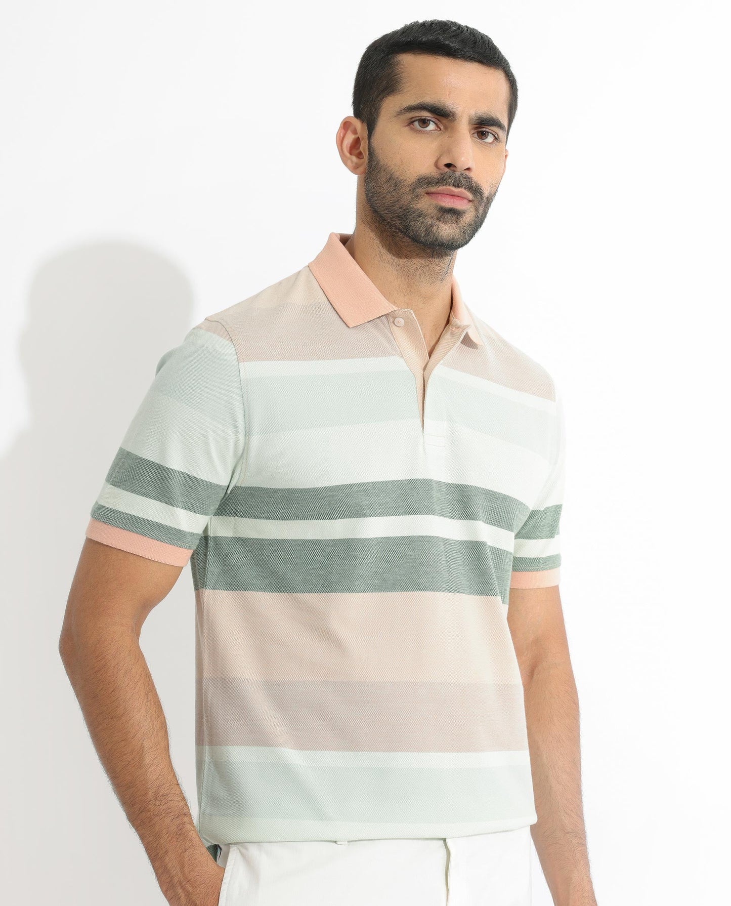 Rare Rabbit Men's Trenz Green Cotton Fabric Collared Neck Half Sleeves Striped Polo T-Shirt