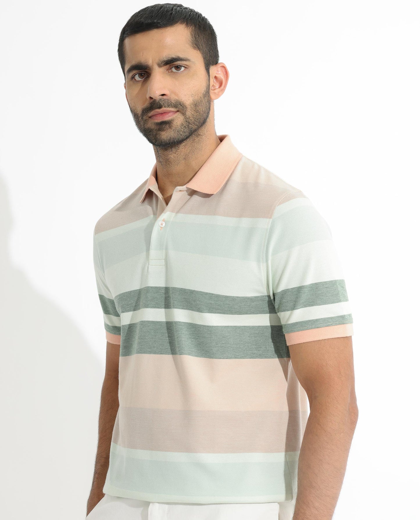 Rare Rabbit Men's Trenz Green Cotton Fabric Collared Neck Half Sleeves Striped Polo T-Shirt