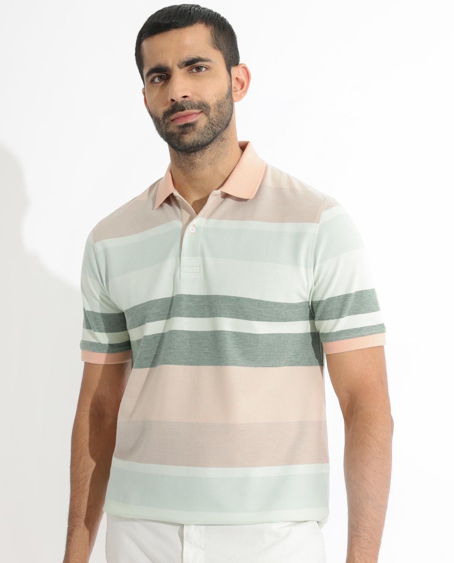 Rare Rabbit Men's Trenz Green Cotton Fabric Collared Neck Half Sleeves Striped Polo T-Shirt