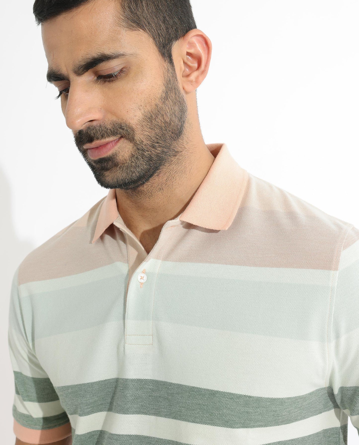 Rare Rabbit Men's Trenz Green Cotton Fabric Collared Neck Half Sleeves Striped Polo T-Shirt