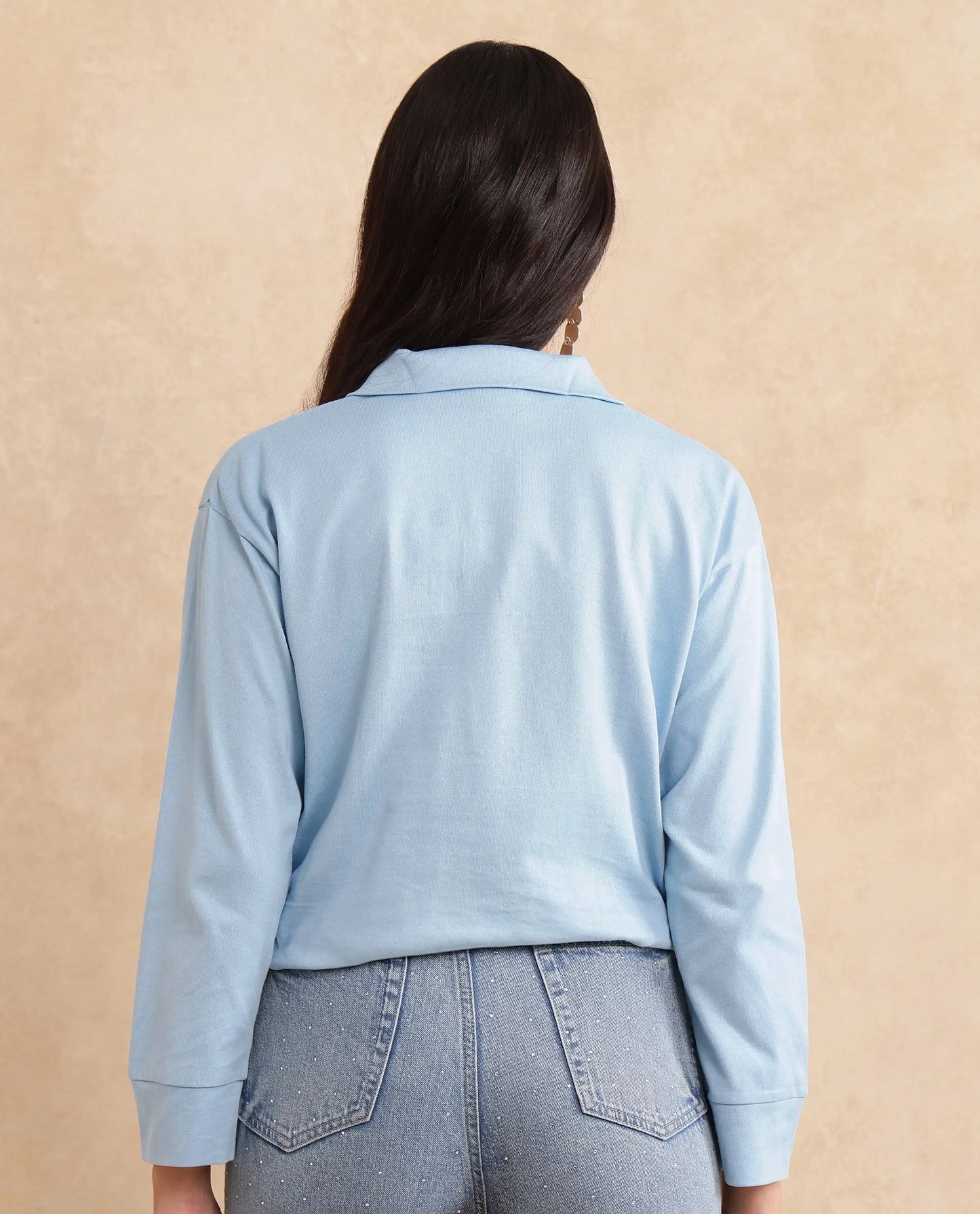 Rareism Women Velma Light Blue Full Sleeve Collared Neck Zipper Closure Relaxed Fit Cropped Plain Top
