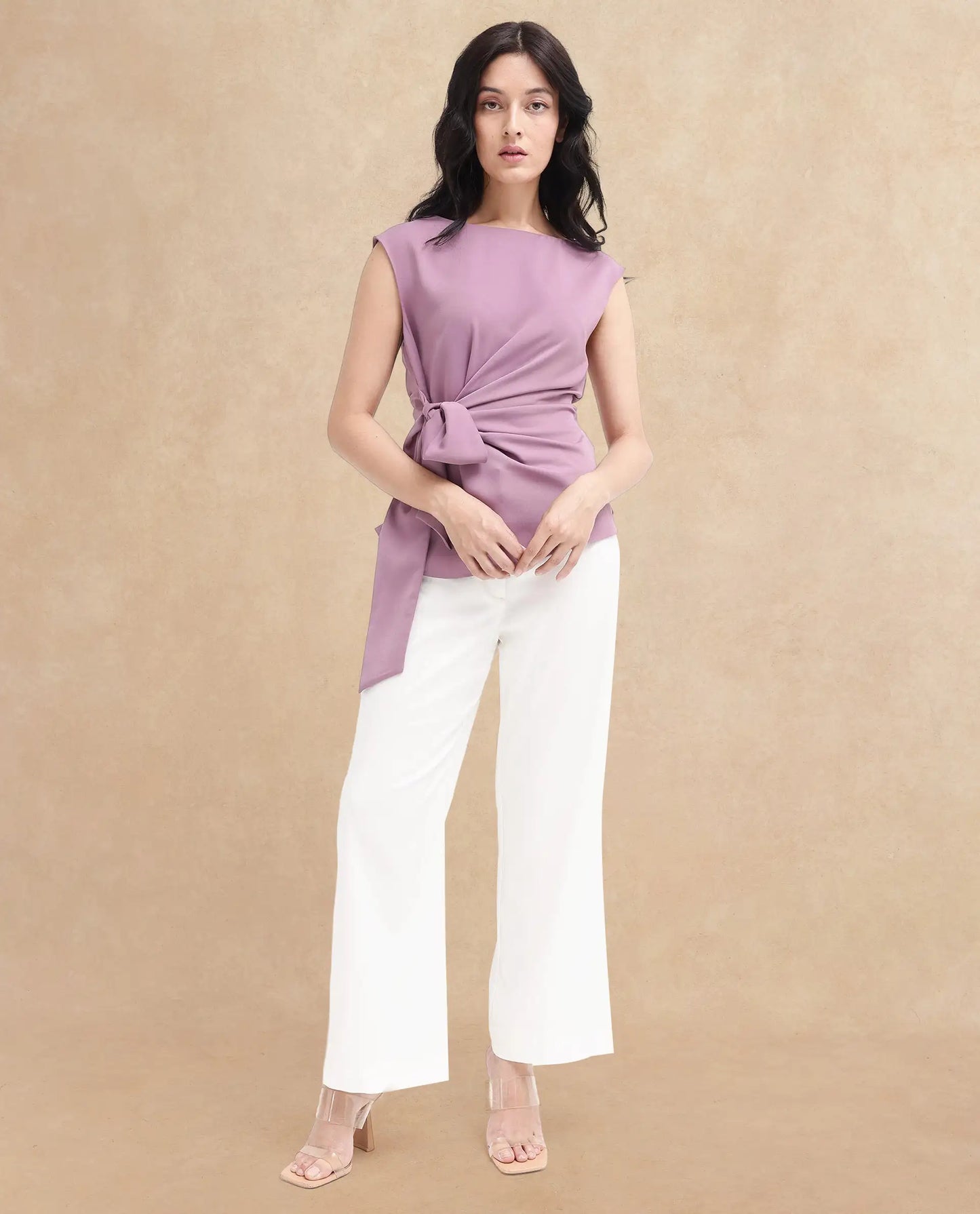 Rareism Women Wevillet Pastel Purple Sleeveless Boat Neck Plain Top