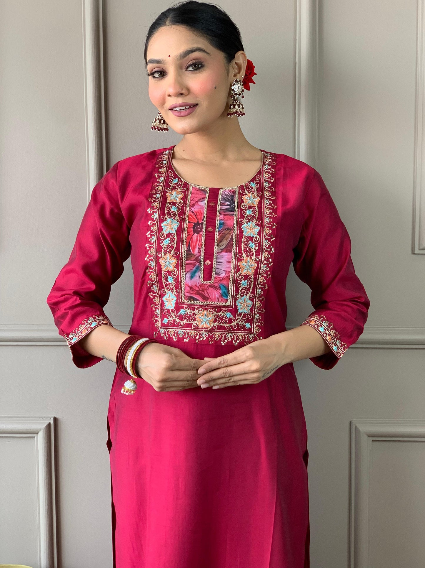 Bright Maroon Viscose Chanderi Suit Set with Natural Crepe Dupatta