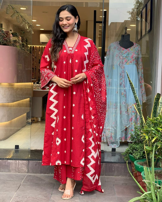 Red Embroidered Anarkali Suit Set with Dupatta