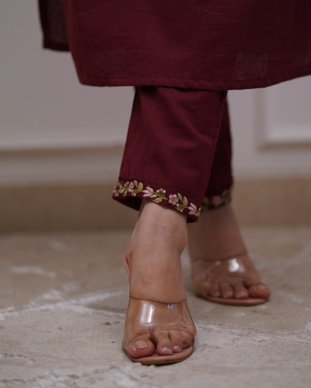 Maroon Embroidered Cotton Suit Set with Dupatta
