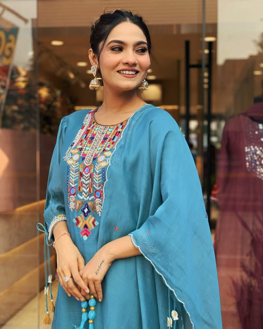 Sky Blue Embroidered Chanderi Suit Set with Dupatta