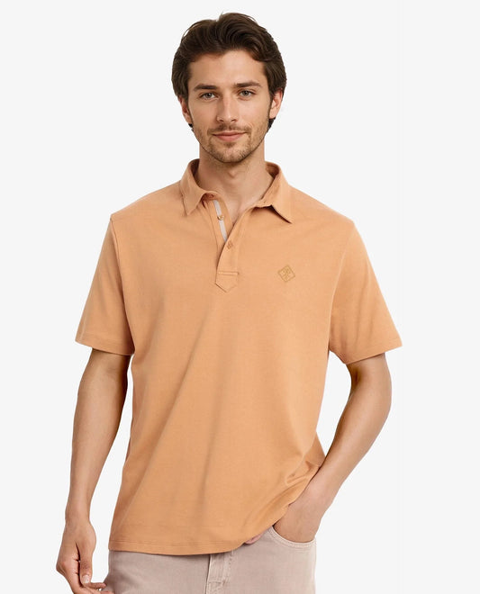 Rare Rabbit Men Calix Mustard Short Sleeve Collared Neck Plain Embroidered Logo Polo