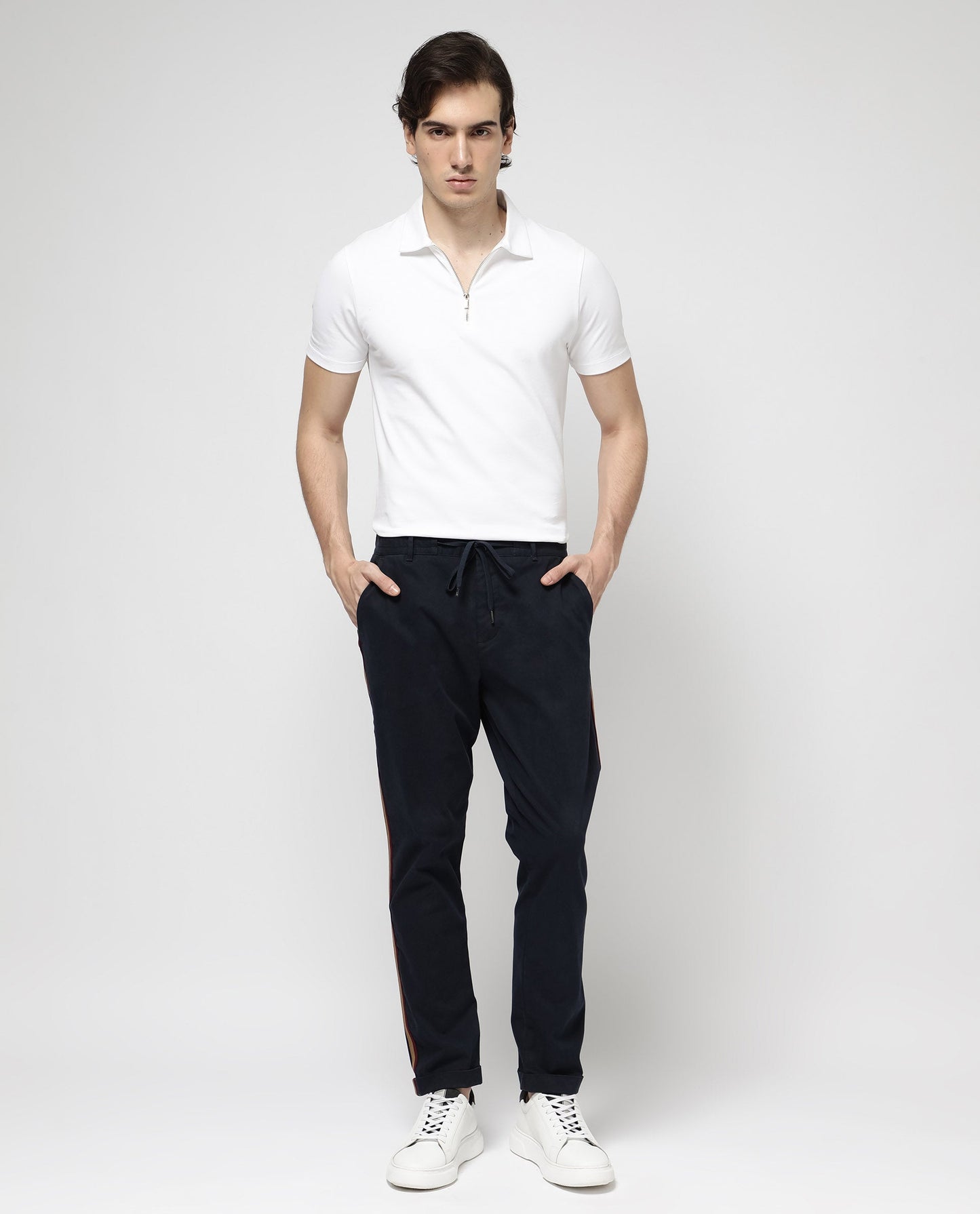Rare Rabbit Mens Caloon Navy Cotton Blend Drawstring Closure Regular Fit Solid Trouser