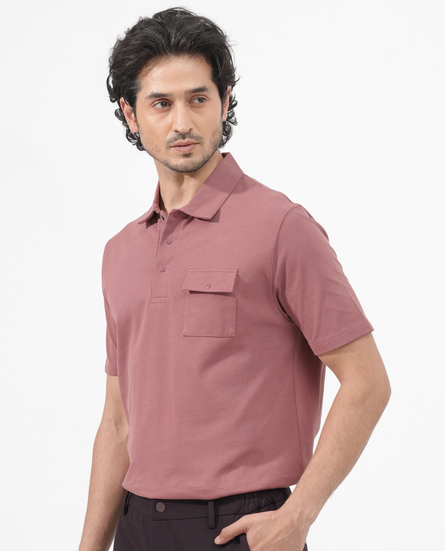 Rare Rabbit Mens Paxton Dusky pink Short Sleeve Snap Button Closure Solid Polo T-Shirt