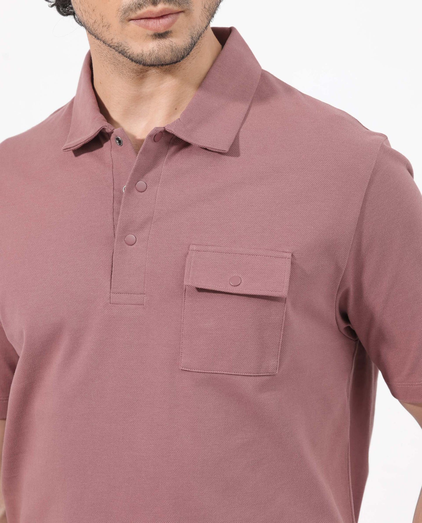 Rare Rabbit Mens Paxton Dusky pink Short Sleeve Snap Button Closure Solid Polo T-Shirt