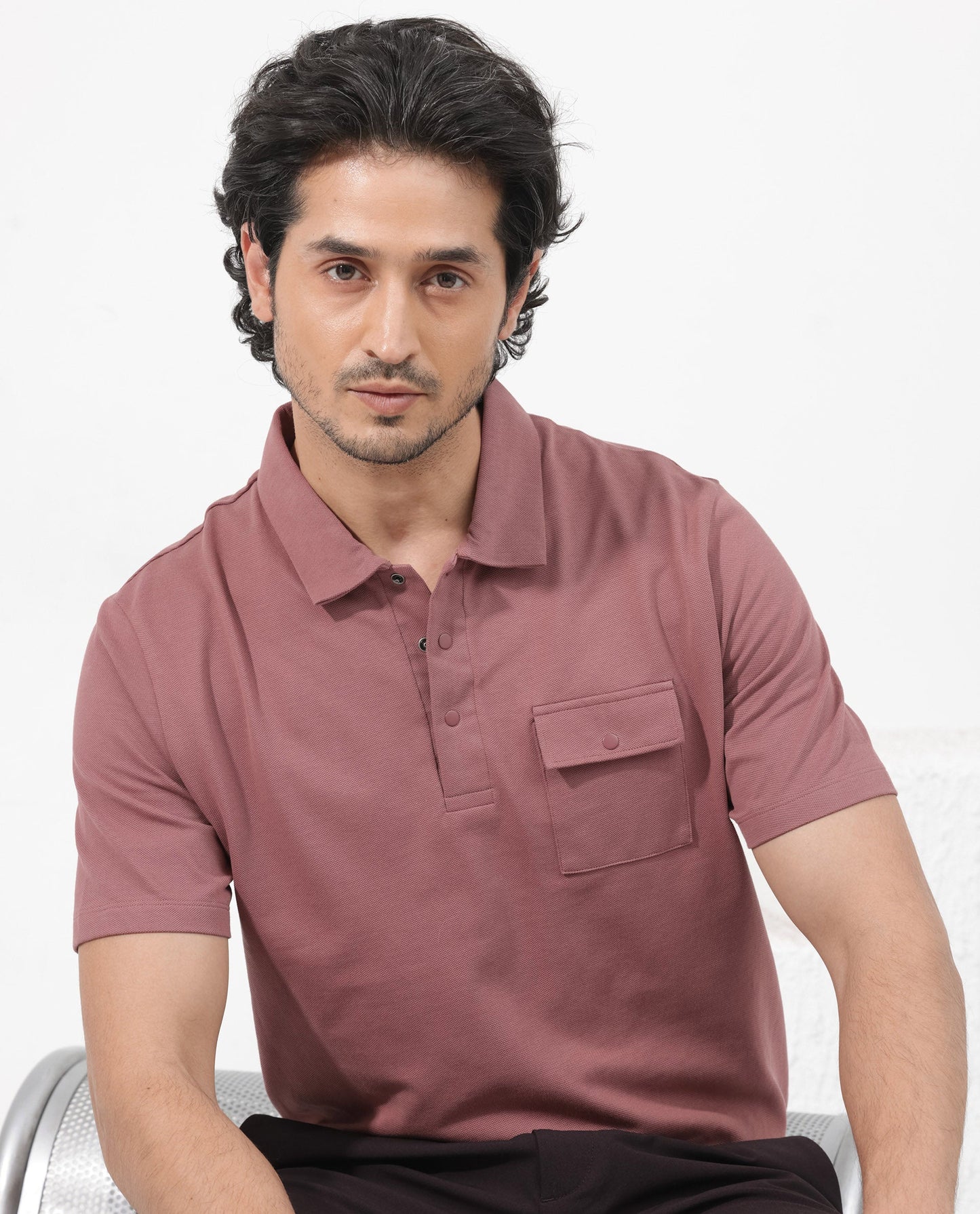 Rare Rabbit Mens Paxton Dusky pink Short Sleeve Snap Button Closure Solid Polo T-Shirt