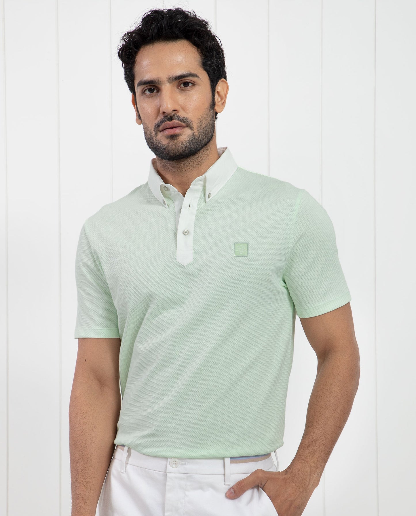 Rare Rabbit Men's Parmat Light Green Cotton Fabric Collared Neck Half Sleeves Woven Textured Popcorn Polo T-Shirt